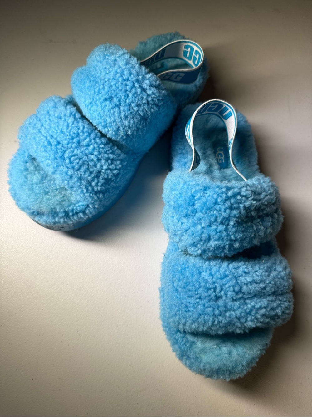 UGG Sz 8 Tide Pool Blue Plush Slide Platform with Shearling Lining
